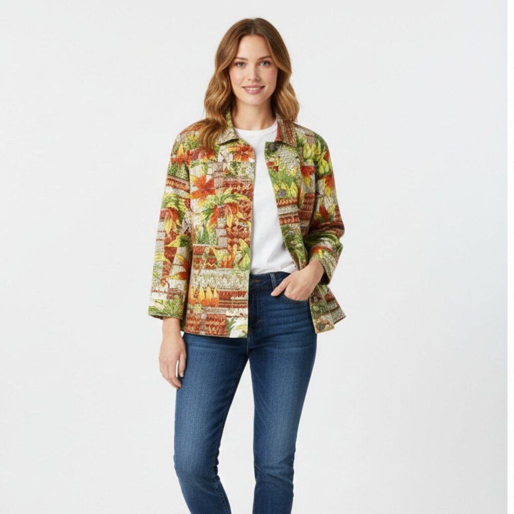 Chico's Colorful Artsy Tropical Print Button Jacket size Large/2‎